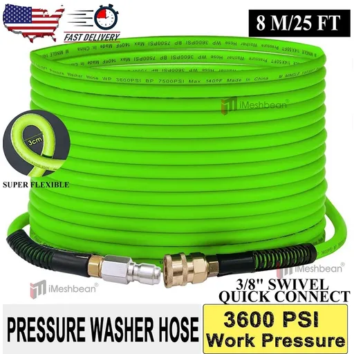 25FT 3600PSI Replacement High Pressure Power Washer Hose-3/8" Swivel QC Flexible
