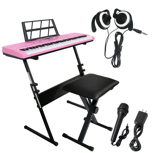 61 Key Digital Light Up Music Keyboard Piano Kit For Kids With Stand Stool Microphone Headphone Pink