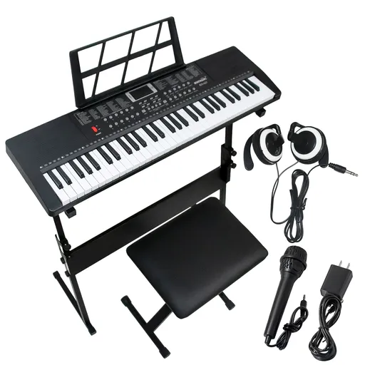 [KD22439] 61 Key Digital Light Up Music Keyboard Piano Kit For Kids With Stand Stool Microphone Headphone Black