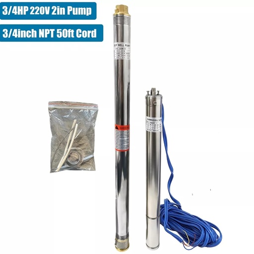 [PU22483] 3/4HP 2" Deep Well Submersible Pump 220V 360GPH 164FT Max 26 Stage 50FT Cord