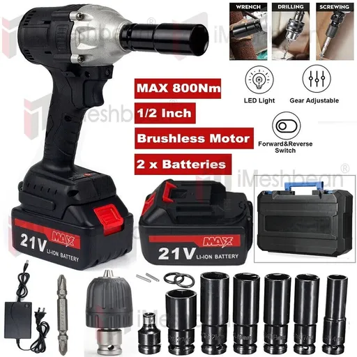 [GJ08452] 1/2" 21V Cordless Impact Wrench 800Nm High Torque Electric Brushless Gun with 2 Battery