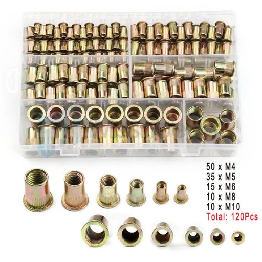 [KR06656] 120pcs Set Rivet Nut Kit Mixed Zinc Steel Threaded Rivnut Insert Nutsert M4-M10