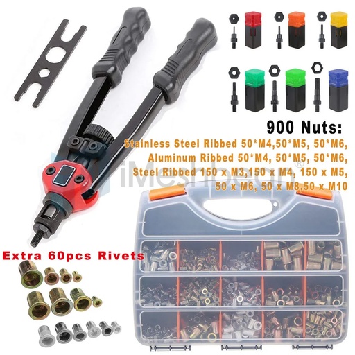 [KR09703-KR06653] 960pcs Rivnut Stainless Steel Rivet Nut Tool Nutsert Tool Kit Mandrels Kit Mixed