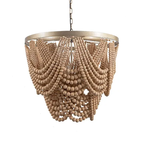 [FW09523] 4-Light Boho Draped Wood Beaded Farmhouse Chandelier Ceiling Room Light Fixture