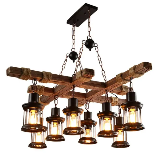 [FW08031] 8-Light Farmhouse Furniture Wood Chandelier Pendant Lighting Fixture Kitchen Bar