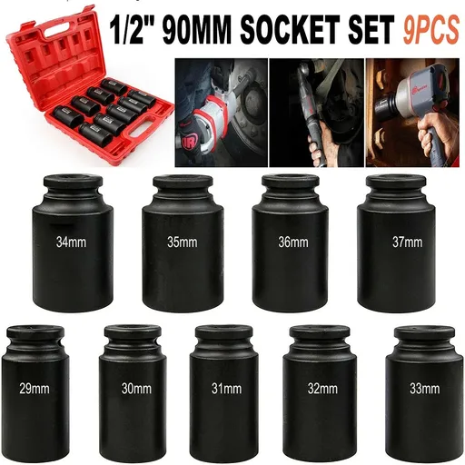 [TQ08176] 9pcs 1/2" Drive Deep Impact Socket Set Axle Hub Nut 6-Point Metric CR-V 29-38mm
