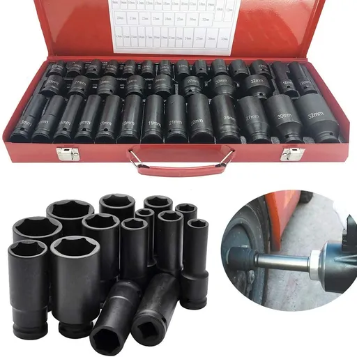 [TQ08175] 35pcs 1/2" Drive Deep Impact Socket Set Axle Hub Nut 6-Point Metric CR-V 8-32mm
