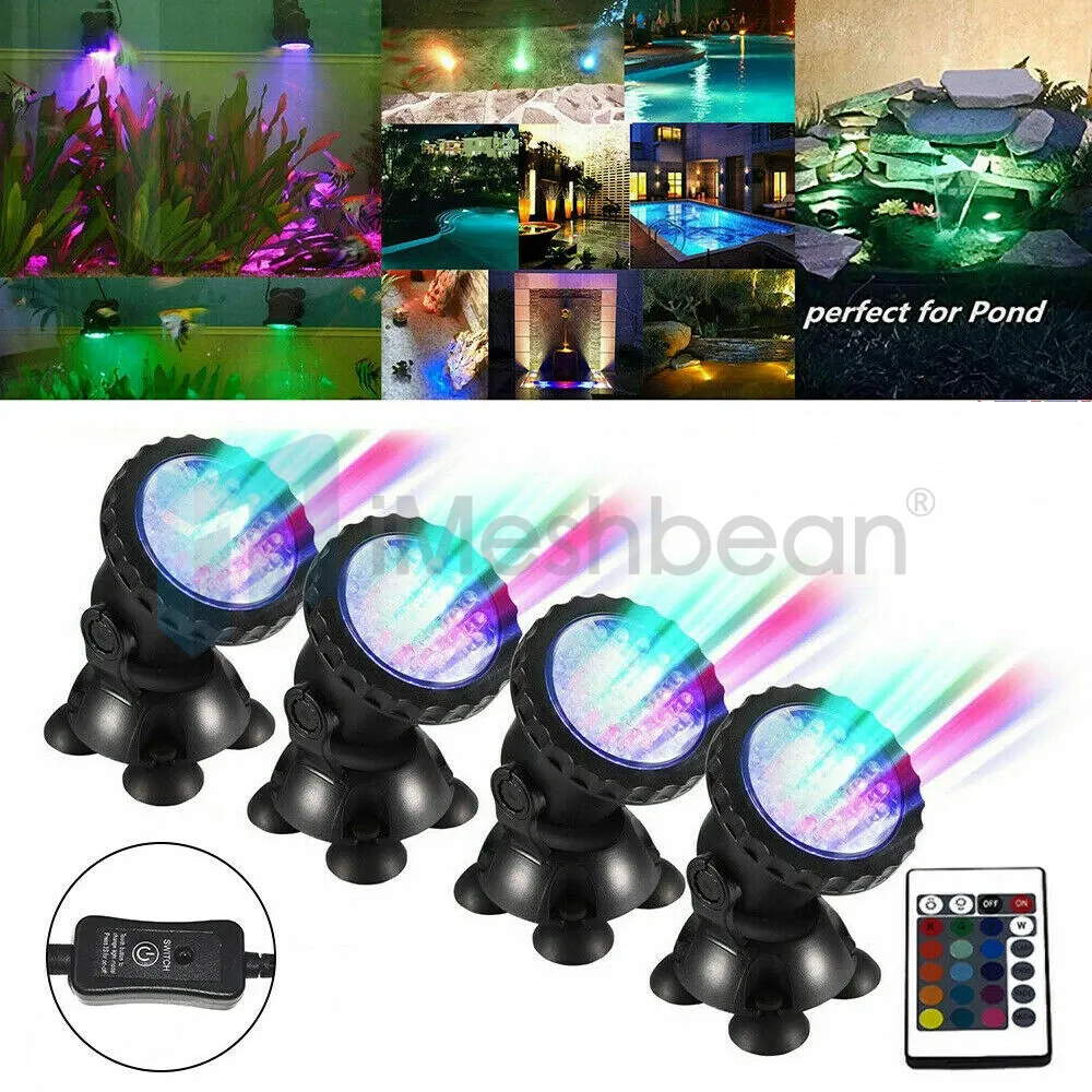 Submersible 144 LED RGB Pond Spot 4 Lights Underwater Pool Fountain +IR ...