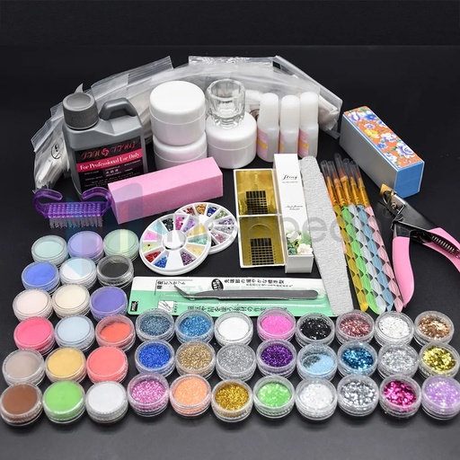 [138-UL3001] iMeshbean 42pcs Nail Art Acrylic Set Powder Liquid Brush Tips Glitter Primer Clipper Kit