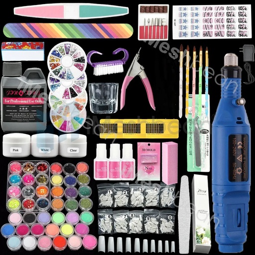 [138-UL3001-105-2012-BU] Portable Nail Art Drill Kit Electric File Buffer Bits Acrylic+42 Nail Powder Kit
