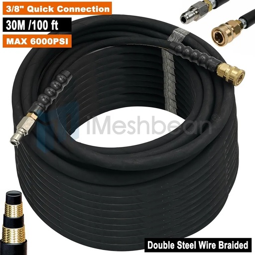 [GS20420] Hot Water Pressure Washer Hose 3/8" x 100ft 6000 psi Non-Marking 2-Braid Black