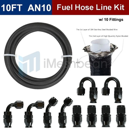 [GS20328] 10AN -AN10 Black Nylon E85 PTFE Fuel Line 10FT w/10 Fittings Hose Kit E85 NEW