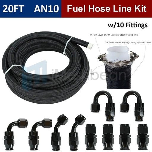 [GS20329] 10AN -AN10 Black Nylon E85 PTFE Fuel Line 20FT w/10 Fittings Hose Kit E85 NEW