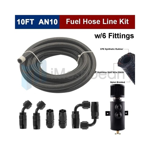 [GS20327] 10AN Baffled Oil Catch Can w/10FT 10AN 5/8" Nylon Braided Oil Gas Fuel Line Kit