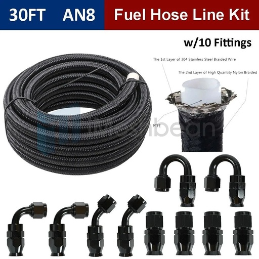 [GS20166] 8AN -8AN Black Nylon E85 PTFE Fuel Line 30FT w/10 Fittings Hose Kit E85