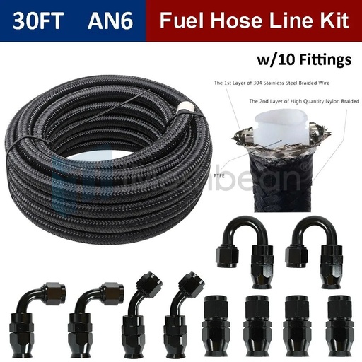 [GS20163] 6AN -6AN Black Nylon E85 PTFE Fuel Line 30FT w/10 Fittings Hose Kit E85