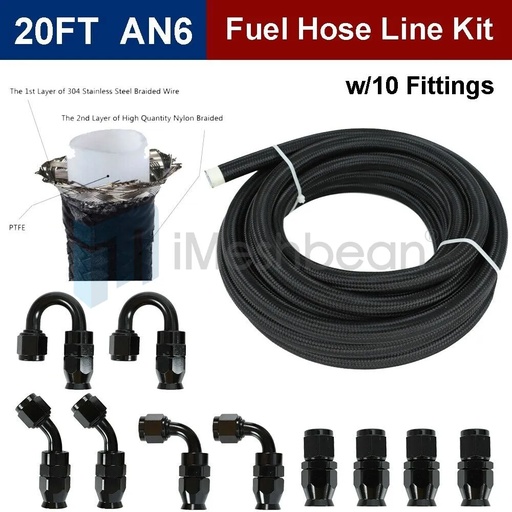 [GS09545] 20FT 6AN -6AN 5/16" Black Nylon E85 PTFE Fuel Hose Line w/10 Fittings Kit E85