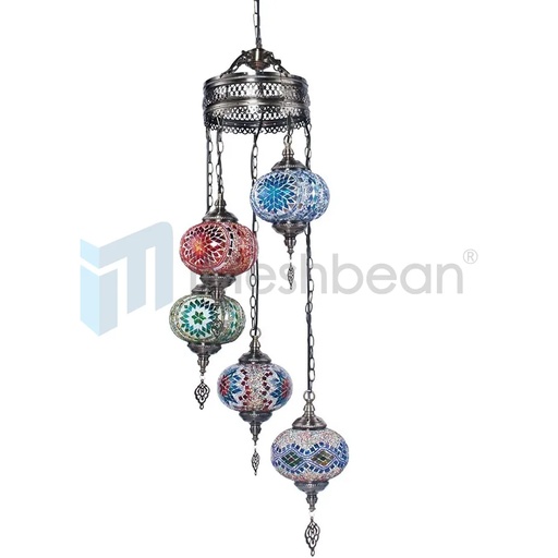 [FW09605] 5 Globes Turkish Mosaic Lamp Chandelier Moroccan Hanging Light Handmade Swag Light Hard Wired