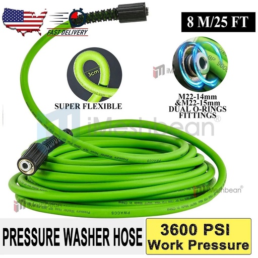 [GS21134] 25 FT x 1/4 Inch 3600 WORK PSI Pressure Washer Replacement Hose-M22 14MM & 15MM