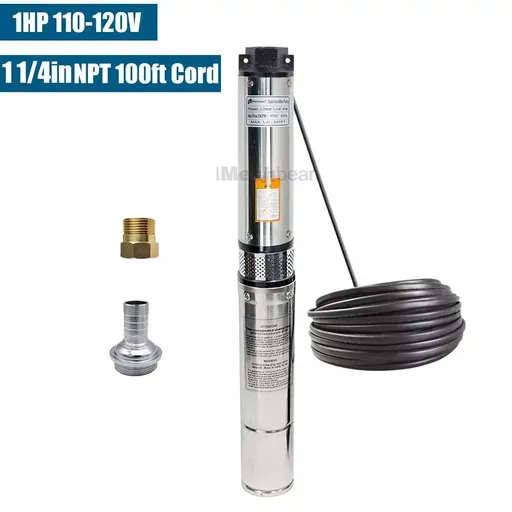 [PU21516A] 1HP 4 Inch Deep Well Submersible Pump 110V 33GPM 276ft Lift 100FT Cord  1.25 inch NPT Discharge