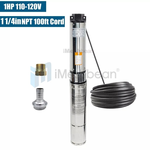 [PU21516A] 1HP 4 Inch Deep Well Submersible Pump 115V 33 GPM 276ft Head 100FT Cord Stainless Steel