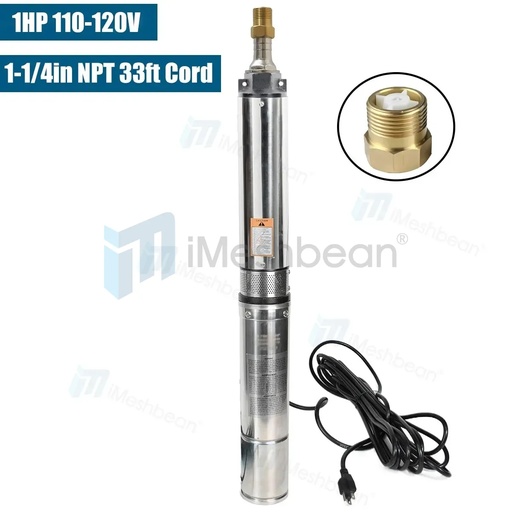 [PU21328A] 1 HP 4 inch Deep Well Submersible Pump 110V 33GPM 276ft Head 33FT Cord Stainless Steel