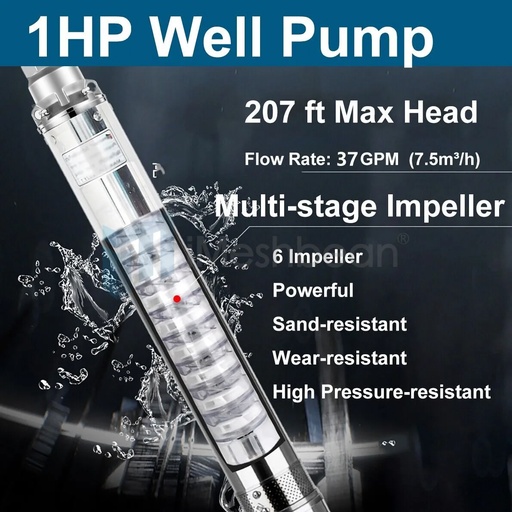 imeshbean 1 HP Well Pump 4'' Submersible Water Pump 207' Max 220V 37GPM w/Control Box