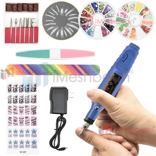 [105-2012-BU] Blue Pen Shape Electric Nail Drill Manicure Filer Kit Nail Polishing Machine Set + wheel+ French tip