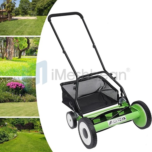 [MJ21233] Manual Reel Lawn Mower,16inch,4 Wheel w/Adjustable Cutting Height Grass Catcher